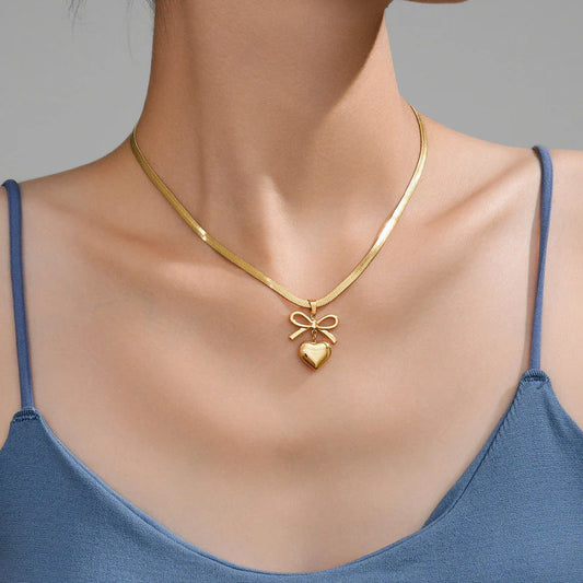 Gold Plated Anti Tarnish Bow Knot Heart Themed Pendant