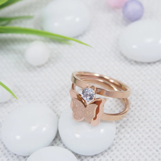Stainless Steel Rosegold Plated Dual Butterfly Finger Ring